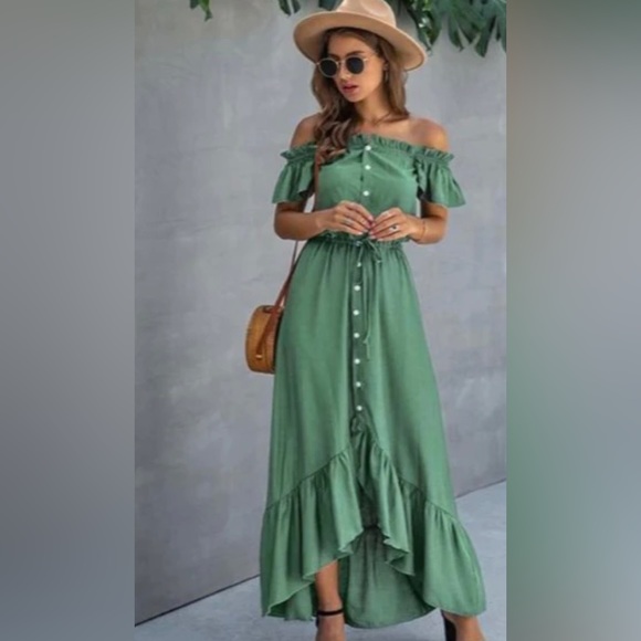 ANNA-KACI Frilled Ruffle Off The Shoulder Sage Green Maxi Dress. Sz: Medium - Picture 16 of 16